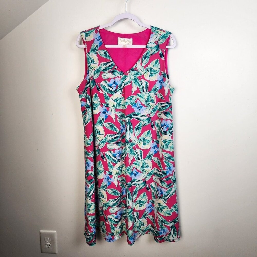 Pappagallo Dress Tropical Floral Pink Blue Sleeveless V-Neck Midi Women's Plus - Picture 2 of 5